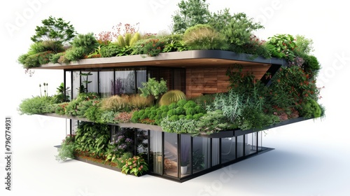 A building with a green roof and a lot of plants