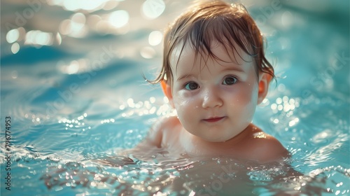 Happy children swimming in pool on a sunny day, enjoying their summer vacation, splashing and smiling