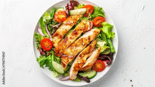 Top view Healthy food of chicken fillet with salad on white plate on white background. AI generated
