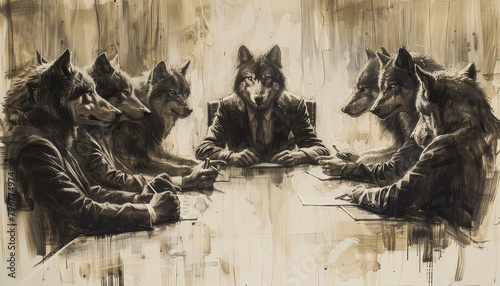 A charcoal sketch of a pack of wolves in a boardroom discussing strategy highlighting the predatory and strategic aspects of business negotiations photo