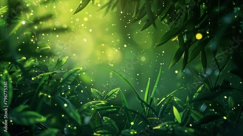 Blurred neon greenery and delicate shadows evoking a mystical and otherworldly jungle filled with sparkling fireflies and hidden creatures. .