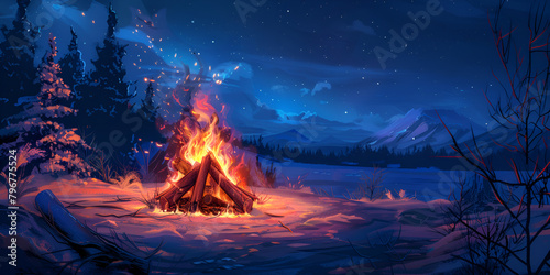 Cozy Winter Campfire with Dancing Flames