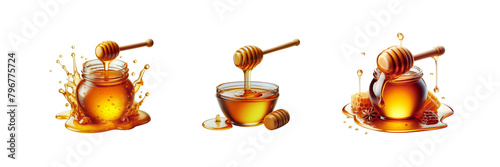 Set of fresh Liquid honey with dipper and glass bowl & jer, illustration, isolated over on transparent white background photo