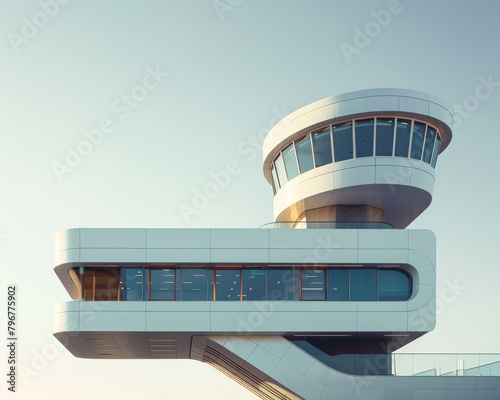 The modern architecture of an airport control tower captured in the soft light of dusk, highlighting its curves and structure.