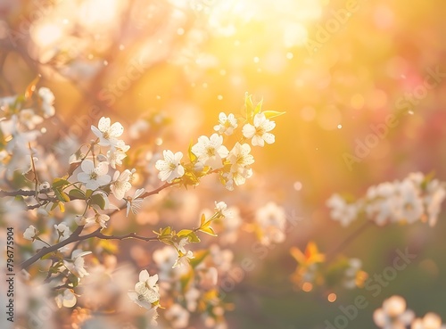 Beautiful spring nature background with blooming tree and sun rays through the branches