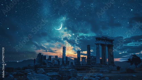 The ruins of an ancient civilization stand tall under a captivating starlit sky, with a crescent moon casting a soft glow over the historical site.