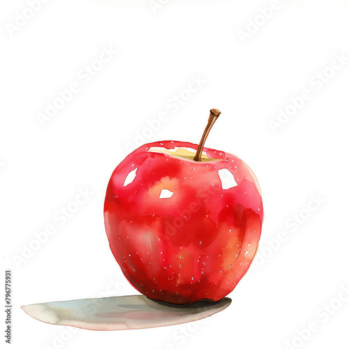 Minimalistic watercolor illustration of an apple on a white background, cute and comical, with empty copy space.