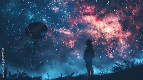 The image shows a man standing on a hill, looking up at a starry night sky.