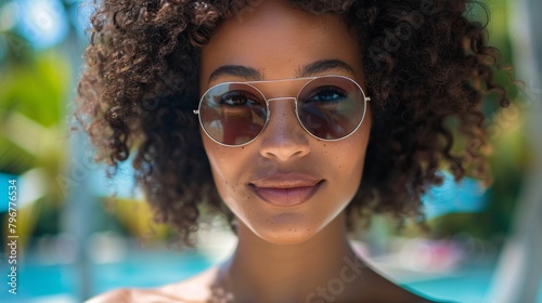 Portrait of black woman in sunglasses on summer vacation