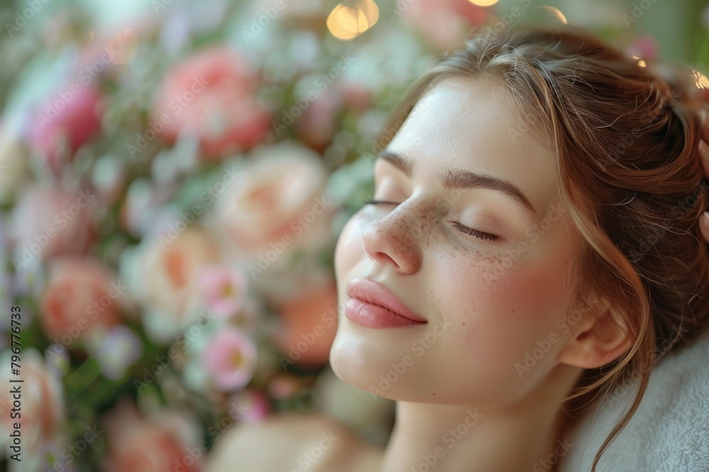 A serene young woman with natural beauty and freckles, eyes closed in front of a bed of flowers A serene young woman with natural beauty and freckles, eyes closed in front of a bed of flowers