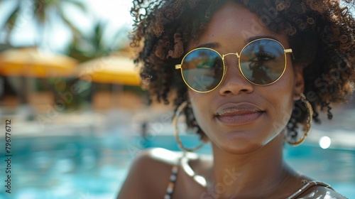 Portrait of  black woman in sunglasses on summer vacation © Spyrydon