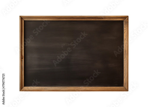 Blank blackboard in wooden frame isolated on transparent background, cut out or PNG