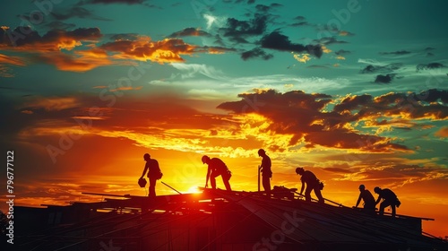 The silhouette of a crew of roofers working on a roof at sunset.