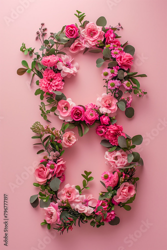 Top View Romantic Floral Arrangement With Number Eight.  Top view of number 8 made with romantic floral arrangement suitable for celebrations.