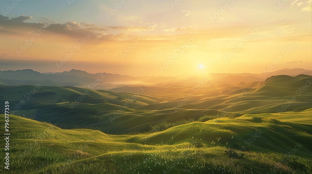 A breathtaking view of the sun setting over green grass-covered hills