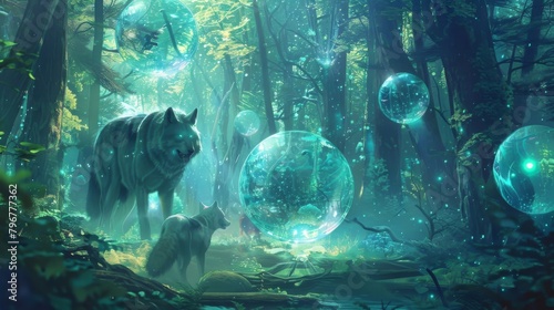 A mysterious forest filled with glowing orbs each containing a different creature going through a metamorphosis a wolf turning into . .