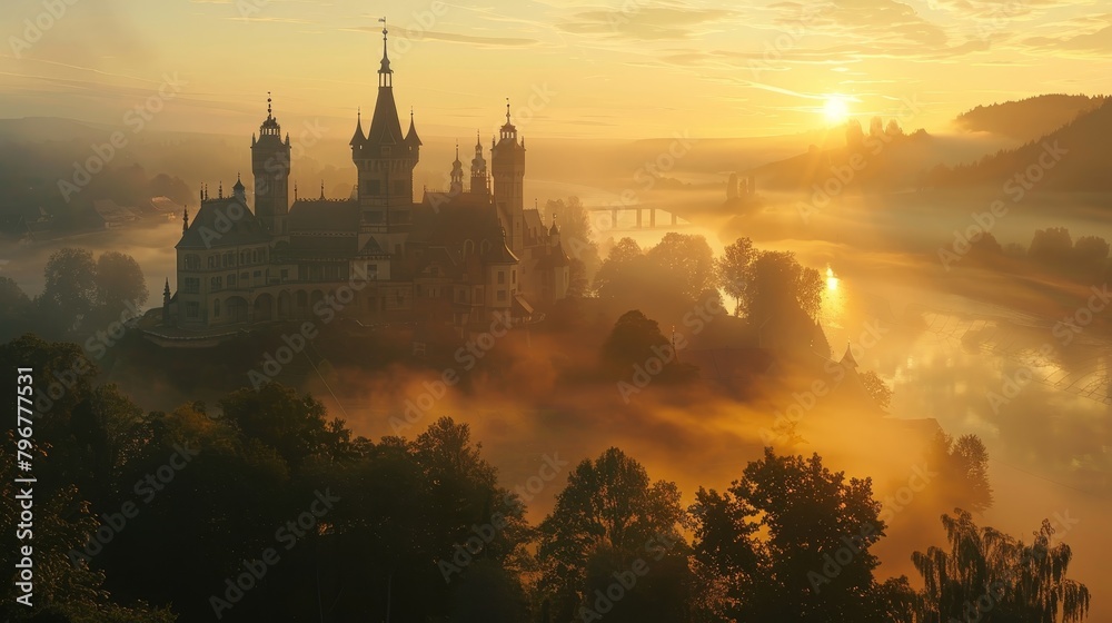 The sun rises over a majestic castle, casting a golden glow on the turrets and towers.