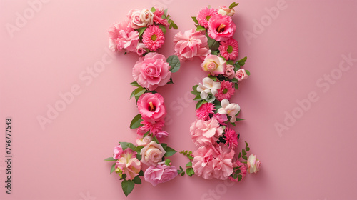 Top View Floral Number 11. Top view of floral number eleven on pink background, ideal for celebrations and invitations.