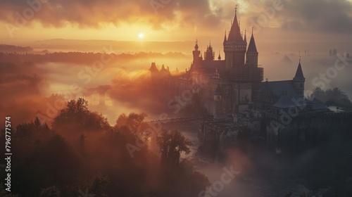 The sun rises over a mysterious castle, casting long shadows over the surrounding landscape.
