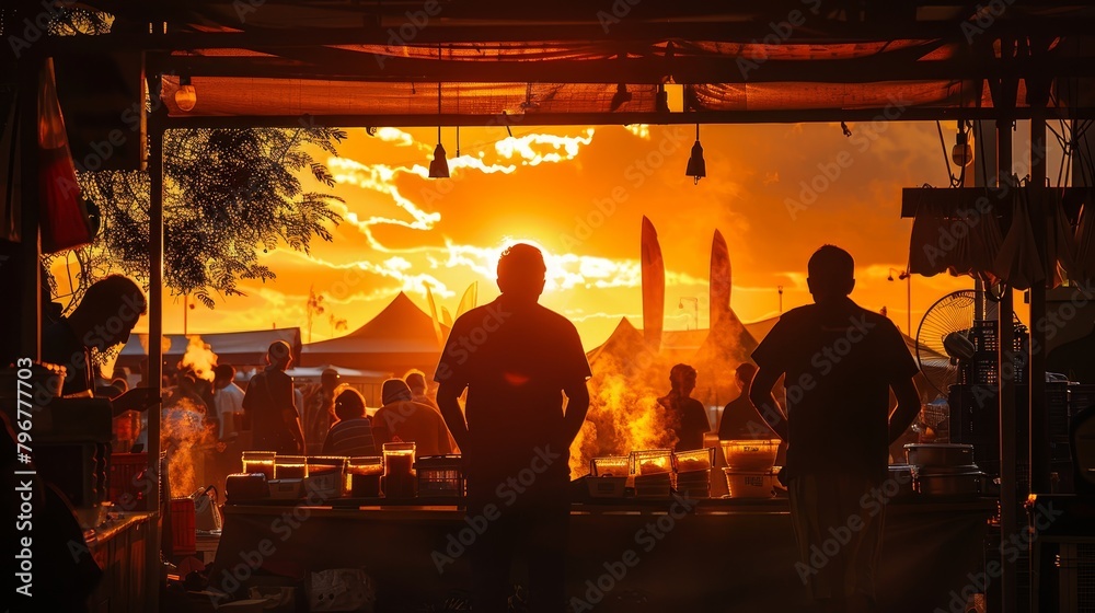 The warm glow of the setting sun casts a golden hue over the bustling food market, silhouettes of people moving about in search of culinary delights.