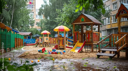 Urban Playground Haven: Colorful Sandpit and Playhouse with Green Fence photo