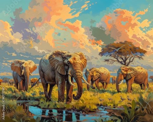 A vibrant illustration of a peaceful herd of elephants grazing in the African savannah with a dramatic sunset sky.