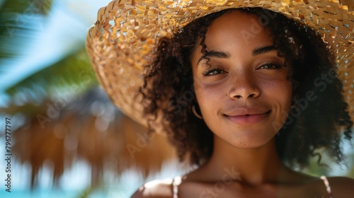 Portrait of a happy young black woman relaxing on tropical beach