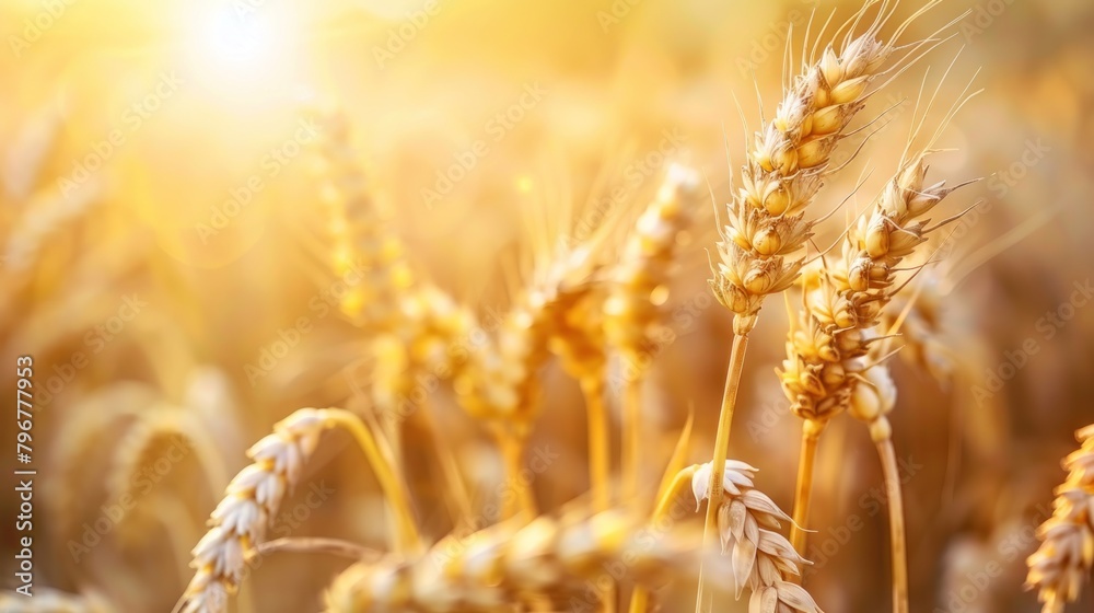 Closeup of a field of yellowing wheat plants ready to be harvested. Generated AI image