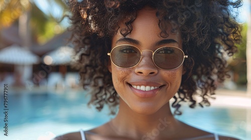 Portrait of black woman in sunglasses on summer vacation