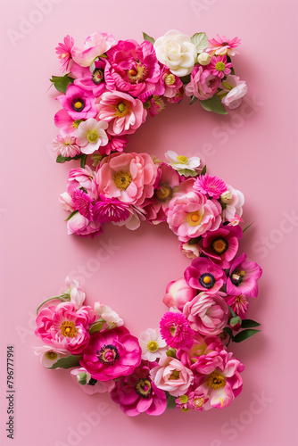 Top View Vibrant Pink Floral Number Five. Top view of number five made with vibrant pink flowers for celebrations and decorations. © Anastasiia Ignateva