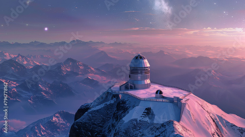 On a mountain summit, a lone telescope observes the cosmic expanse, documenting the emergence of a newborn star. photo