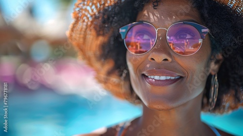 Portrait of black woman in straw hat and sunglasses