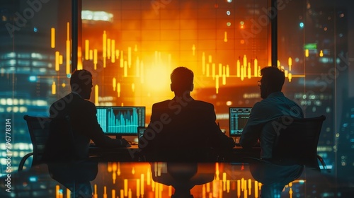 Three stock traders work late into the night monitoring the financial markets.
