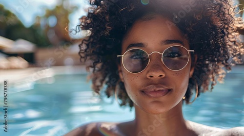 Portrait of a happy young black woman relaxing on tropical beach