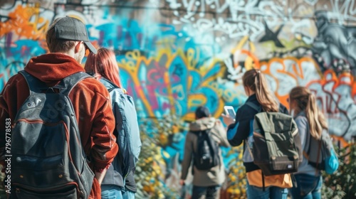 Unfocused graffiti scrawled across a wall featuring images of polluted oceans melting ice caps and endangered species. In sharp contrast a group of individuals standing in the foreground .