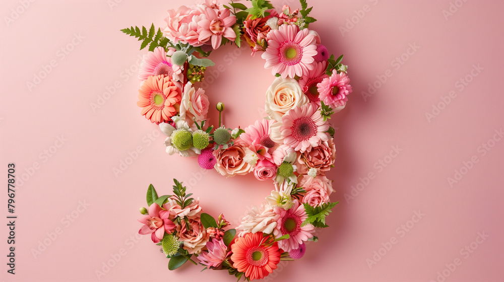 Top View Pink Floral Number Nine. Top view of number 9 floral arrangement on pink background for celebrations. Top View Pink Floral Number Nine. Top view of number 9 floral arrangement on pink background for celebrations.