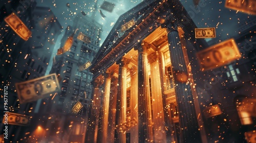Craft a visually captivating scene of financial prosperity with a bank as the focal point photo