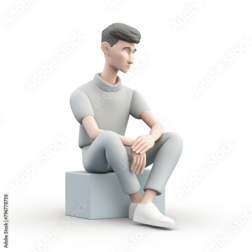 A minimalist 3D character with a modern haircut and stylish clothes, sitting on a white background, AI Generative