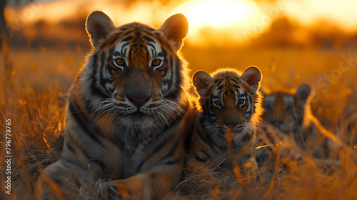 Majestic Tiger and Cubs Basking in the Golden Sunset Light