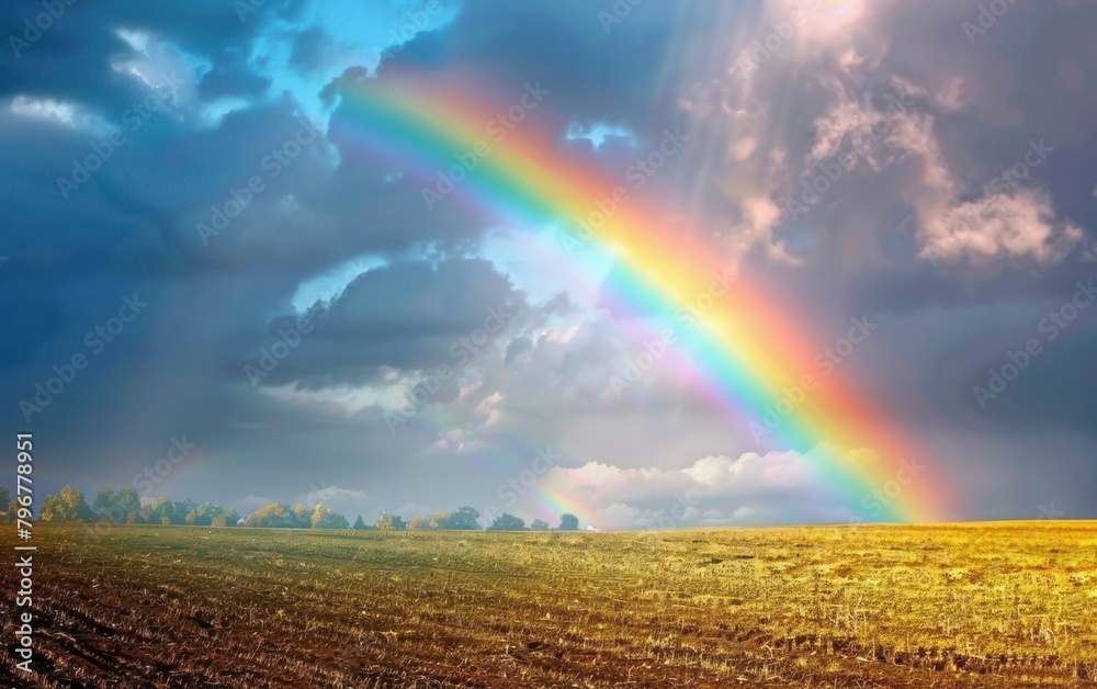 Vibrant Rainbow Over Countryside Field Vibrant Rainbow Over Countryside Field