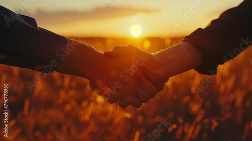 Two farmers shaking hands in a golden wheat field at sunset.