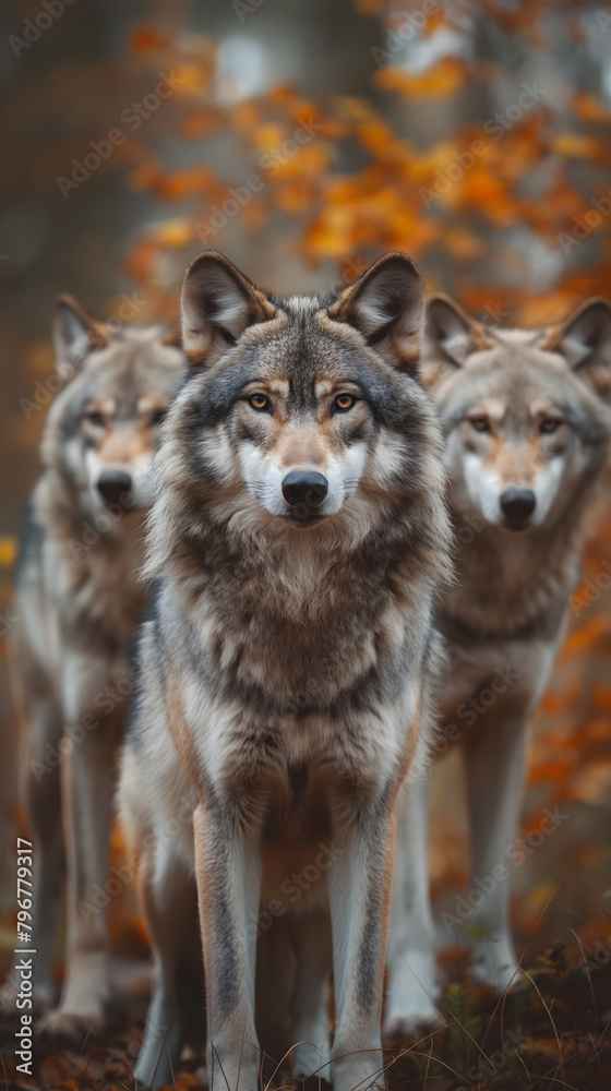 Majestic Trio of White Wolves in Misty Forest Ambiance Majestic Trio of White Wolves in Misty Forest Ambiance