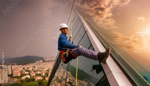 Operai a lavoro su corda su vetrate grattacielo photo