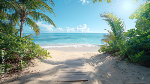 Serene Tropical Beach Pathway Leading to Tranquil Blue Ocean