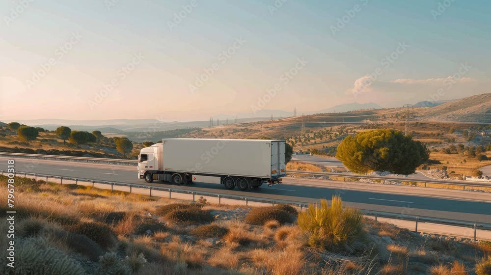 modern large white trailer driving down an empty road. Logistics company. Freight transportation. Fast delivery. Mock up modern large white trailer driving down an empty road. Logistics company. Freight transportation. Fast delivery. Mock up