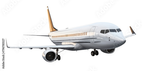 Flying airplane isolated on a white or transparent background. Close-up of a white airplane, side view. Concept of vacation, traveling abroad. Graphic design element.