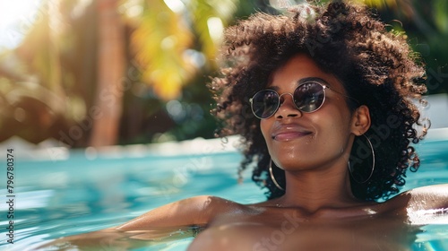 black woman relaxing in spa pool at luxury resort