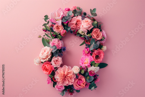 Overhead Vibrant Floral Letter or Number Composition. Overhead shot of a vibrant floral letter O arrangement, ideal for invitations. © Anastasiia Ignateva