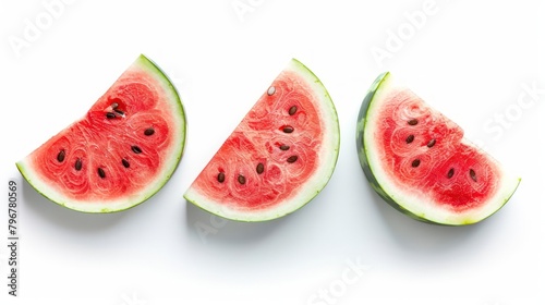 Fresh red watermelon fruit slices on white background