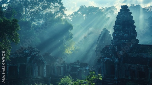 Faint rays of sunlight peeking through the shadows of dense foliage casting a dreamy aura over the distant ruins of an ancient temple. .